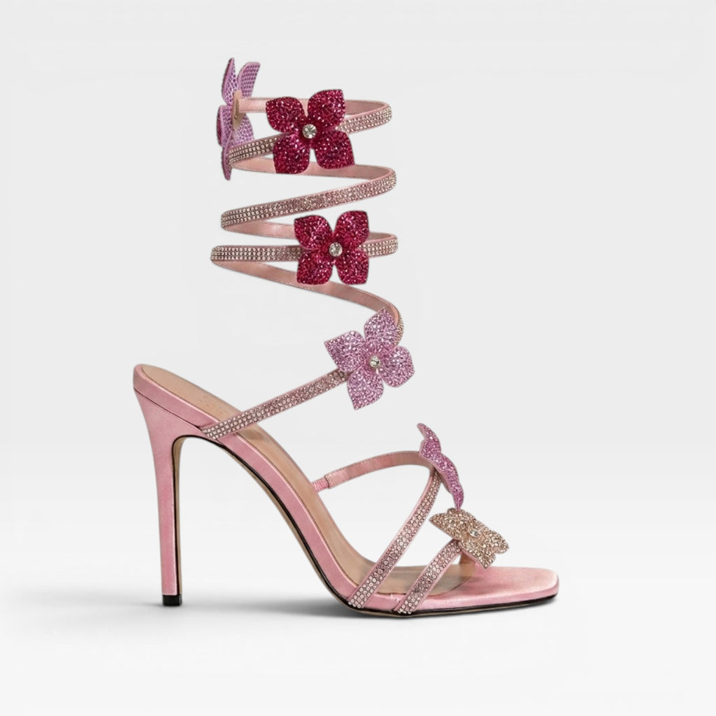 Women's Crystal Flower Heels – Strappy Ankle Wrap Square Toe Party Sandals