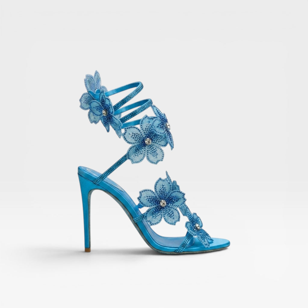 Women's Crystal Flower Heels – Elegant Orchid Wrap Around Ankle Stiletto Sandals for Special Occasions