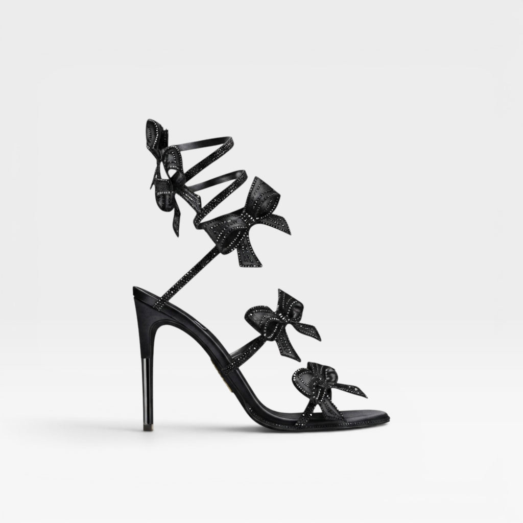 Women's Crystal Bow Heels – Elegant Satin Wrap Ankle Stiletto Sandals for Special Occasions