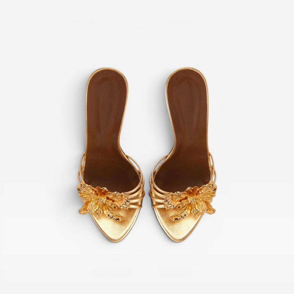 Women's Metallic Gold Flower Heels – Elegant Sculpted Mule Stiletto for Wedding Guest and Special Occasions