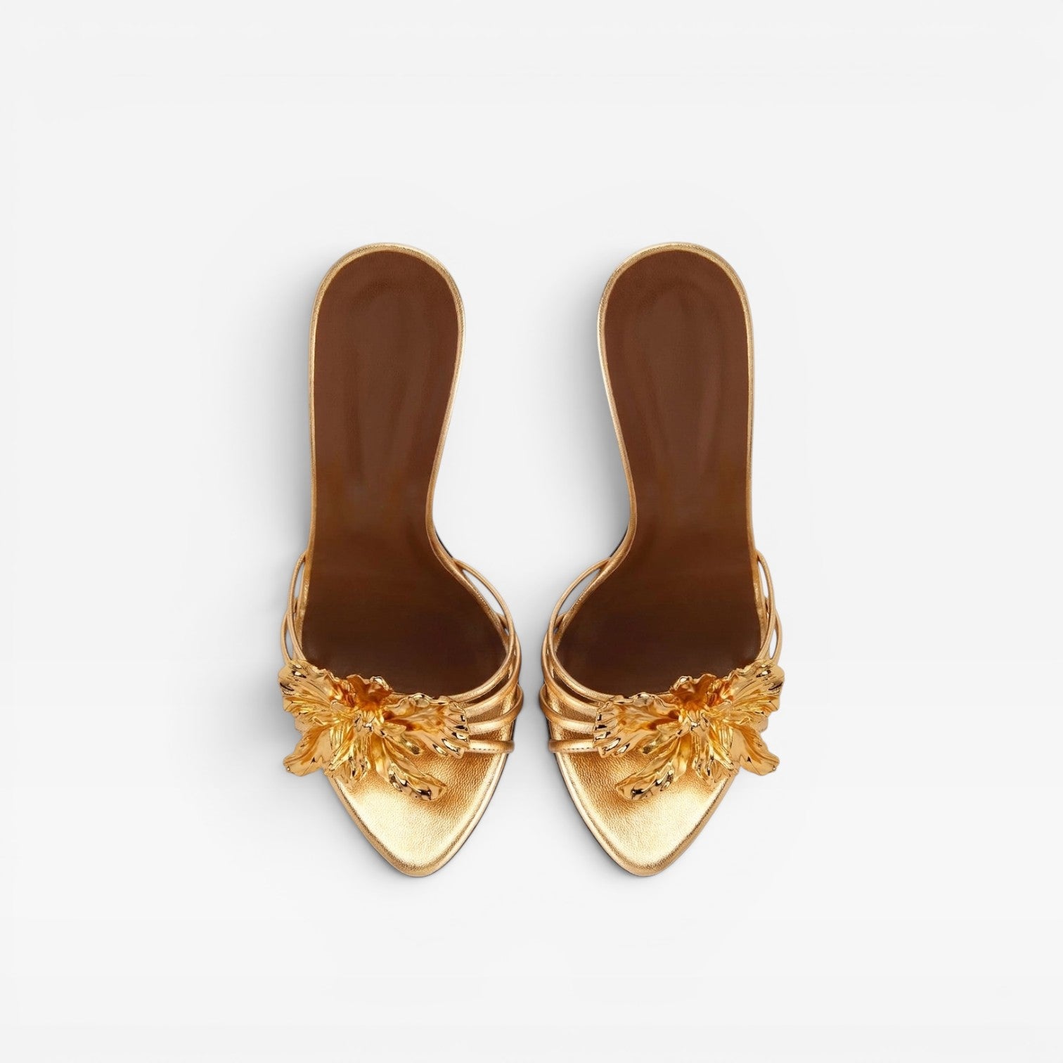 Women's Metallic Gold Flower Heels – Elegant Sculpted Mule Stiletto for Wedding Guest and Special Occasions
