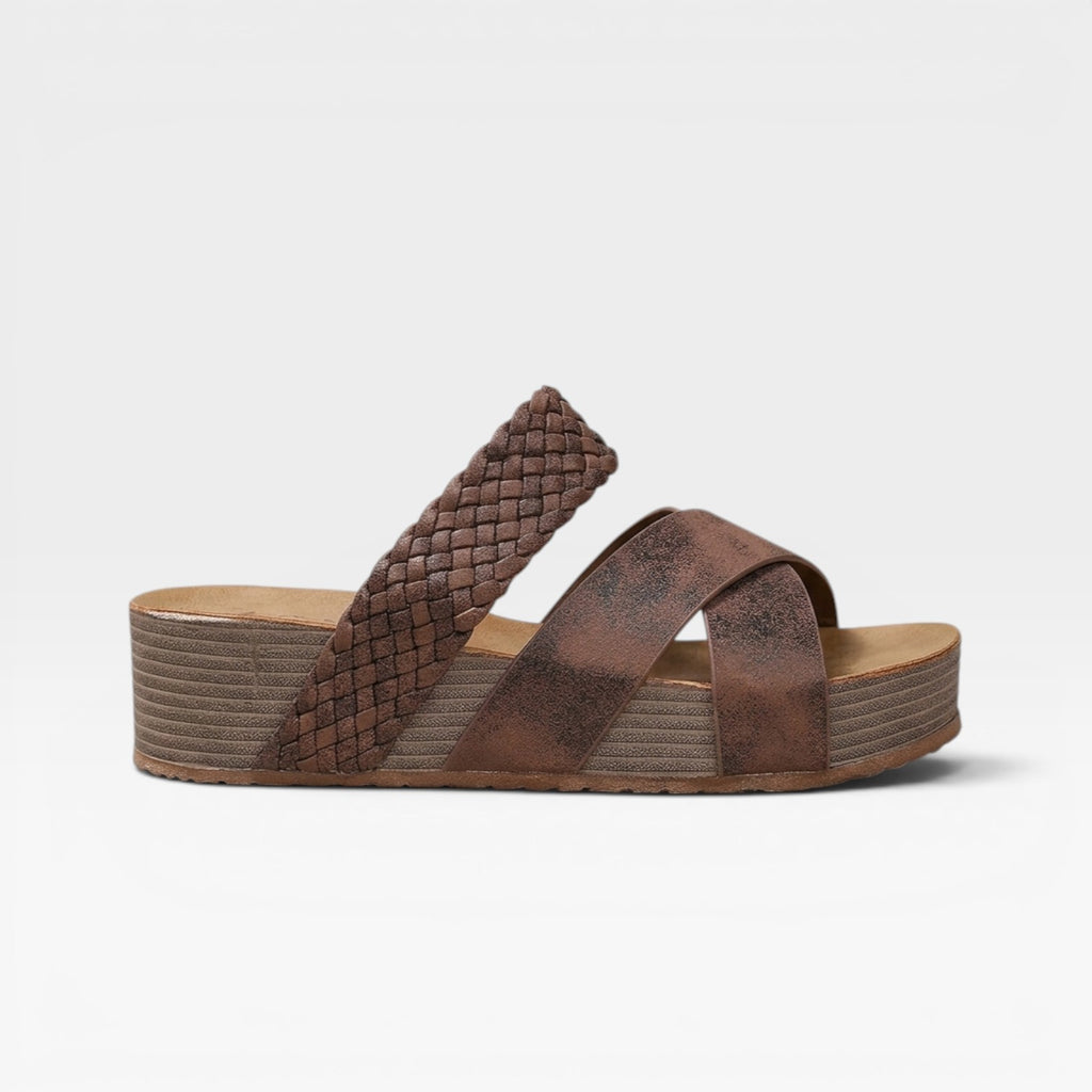 Women's Boho Wedge Sandals – Woven Cross Strap Slip On Summer Mules