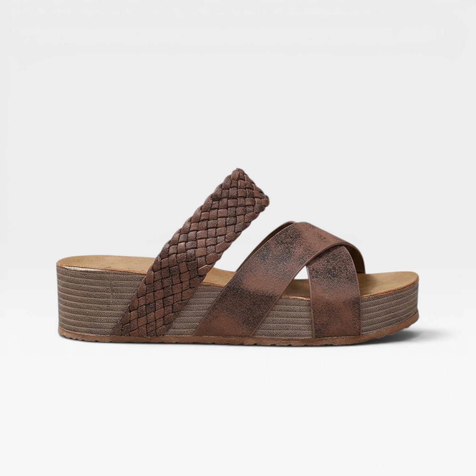 Women's Boho Wedge Sandals – Woven Cross Strap Slip On Summer Mules
