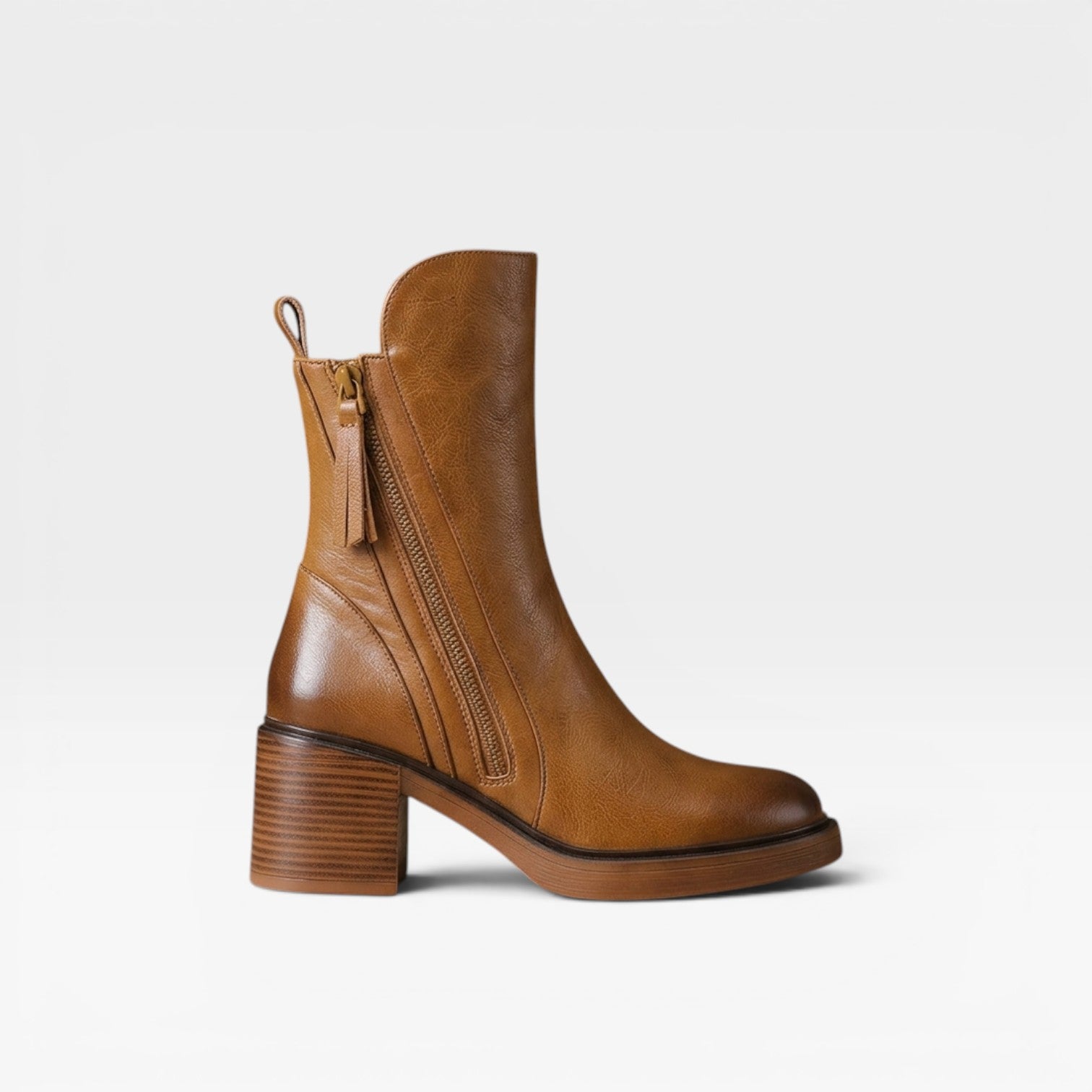 Women's Leather Ankle Boots – Pointed Toe Stacked Heel Zip Up Western Style