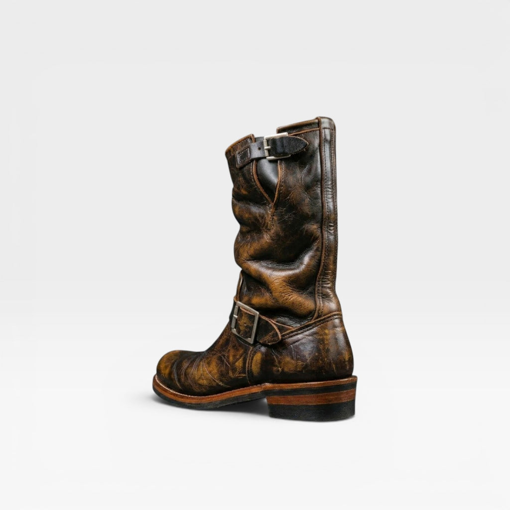 Bottes en cuir vieilli vintage pour hommes – Bottes style ingénieur mi-mollet avec boucle