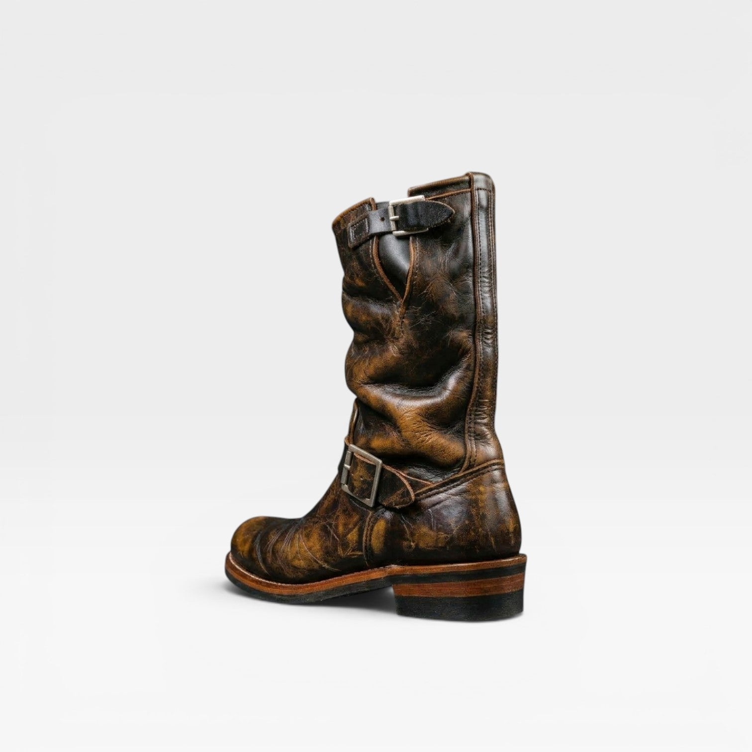 Bottes en cuir vieilli vintage pour hommes – Bottes style ingénieur mi-mollet avec boucle