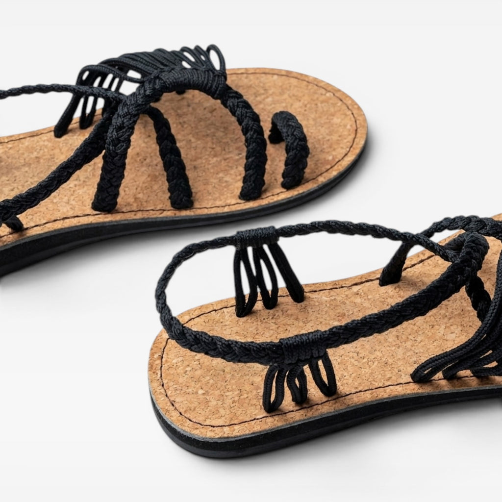 Women's Braided Rope Sandals – Handmade Cork Sole Toe Loop Flats