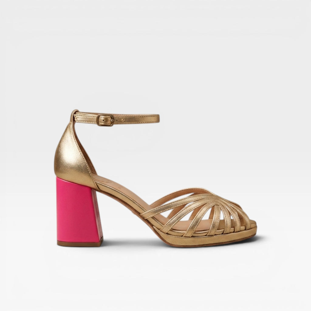 Women's Metallic Strappy Sandals – Color Block Heel Ankle Strap Shoes