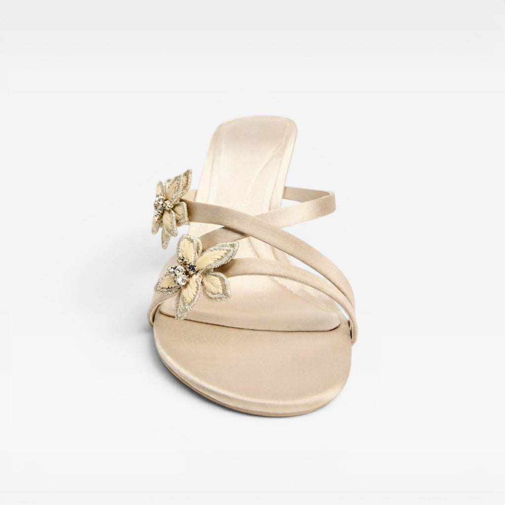 Women's Crystal Flower Heels – Elegant Strappy Stiletto Mule Sandals for Special Occasions