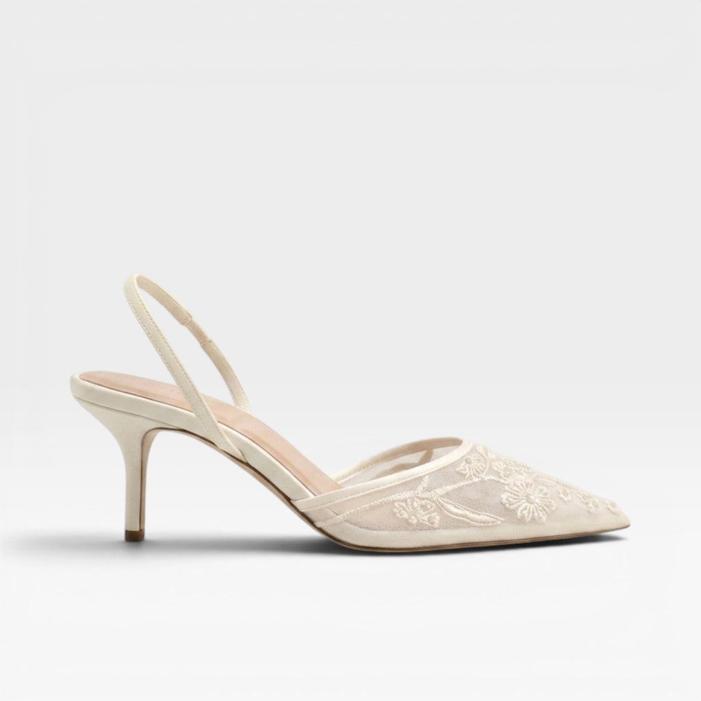 Women's Embroidered Slingback Heels – Floral Mesh Pointed Toe Wedding Shoes