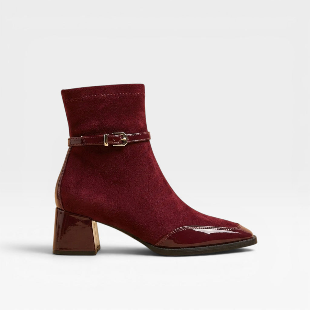 Women's Ankle Boots – Square Toe Patent Trim Block Heel Buckle Style