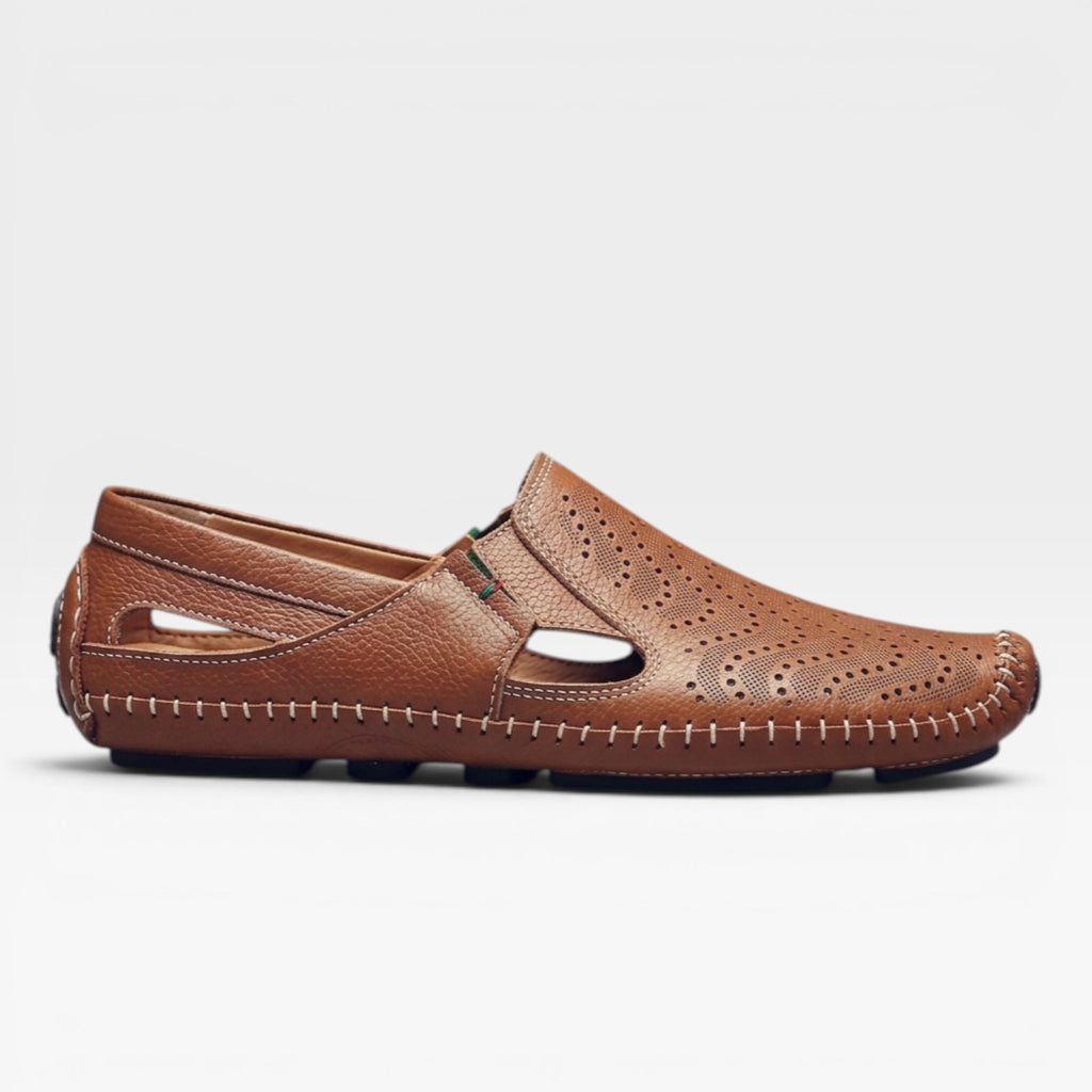 Men's Italian Style Leather Mules – Perforated Slip On Casual Summer Slides