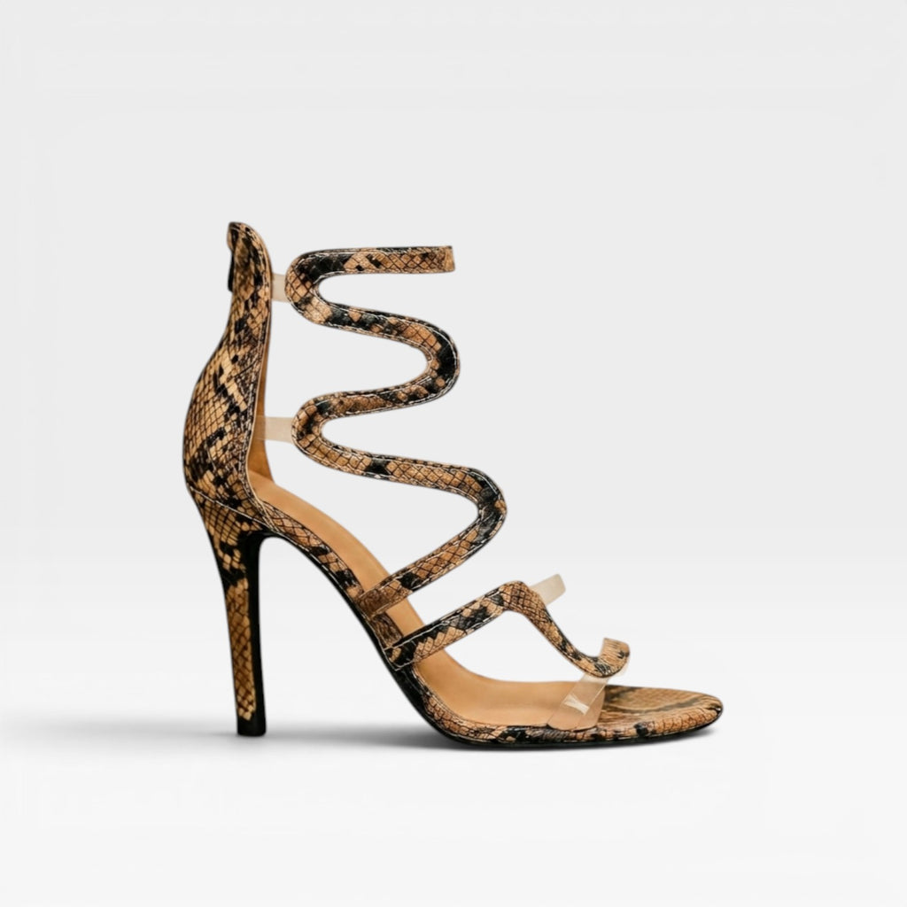 Escarpins imprimé reptile pour femmes – Sandales à talons aiguilles avec lanière spirale à la cheville pour occasions spéciales