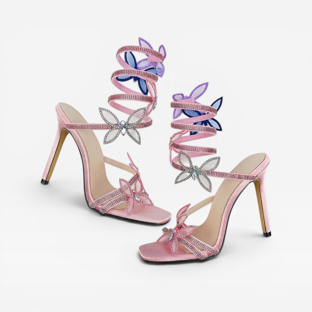 Escarpins papillon en cristal pour femmes – Sandales à talons aiguilles avec lanière spirale à la cheville pour occasions spéciales
