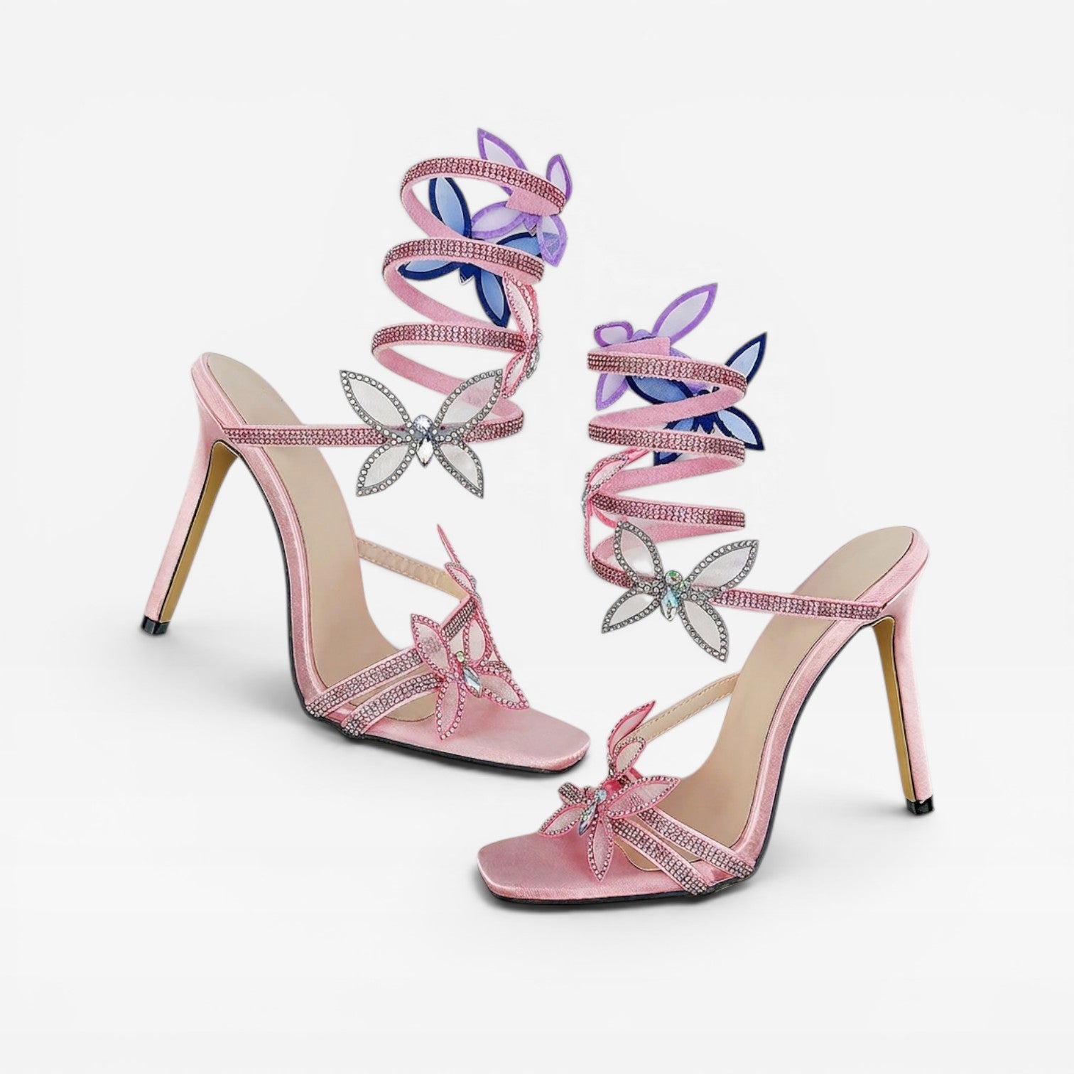 Escarpins papillon en cristal pour femmes – Sandales à talons aiguilles avec lanière spirale à la cheville pour occasions spéciales