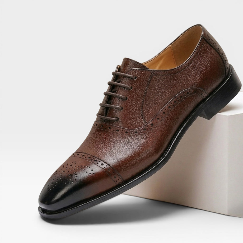 Men's Genuine Leather Oxford Shoes – Classic Cap Toe Brogue Dress Shoes
