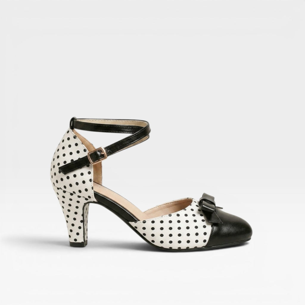 Women's Vintage Polka Dot Pumps – Elegant Ankle Strap Bow Detail Chunky Heels for Party and Special Occasions