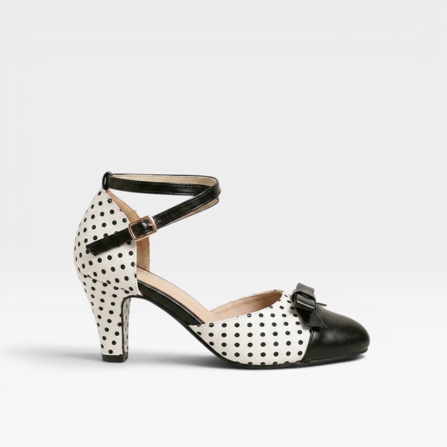 Women's Vintage Polka Dot Pumps – Elegant Ankle Strap Bow Detail Chunky Heels for Party and Special Occasions