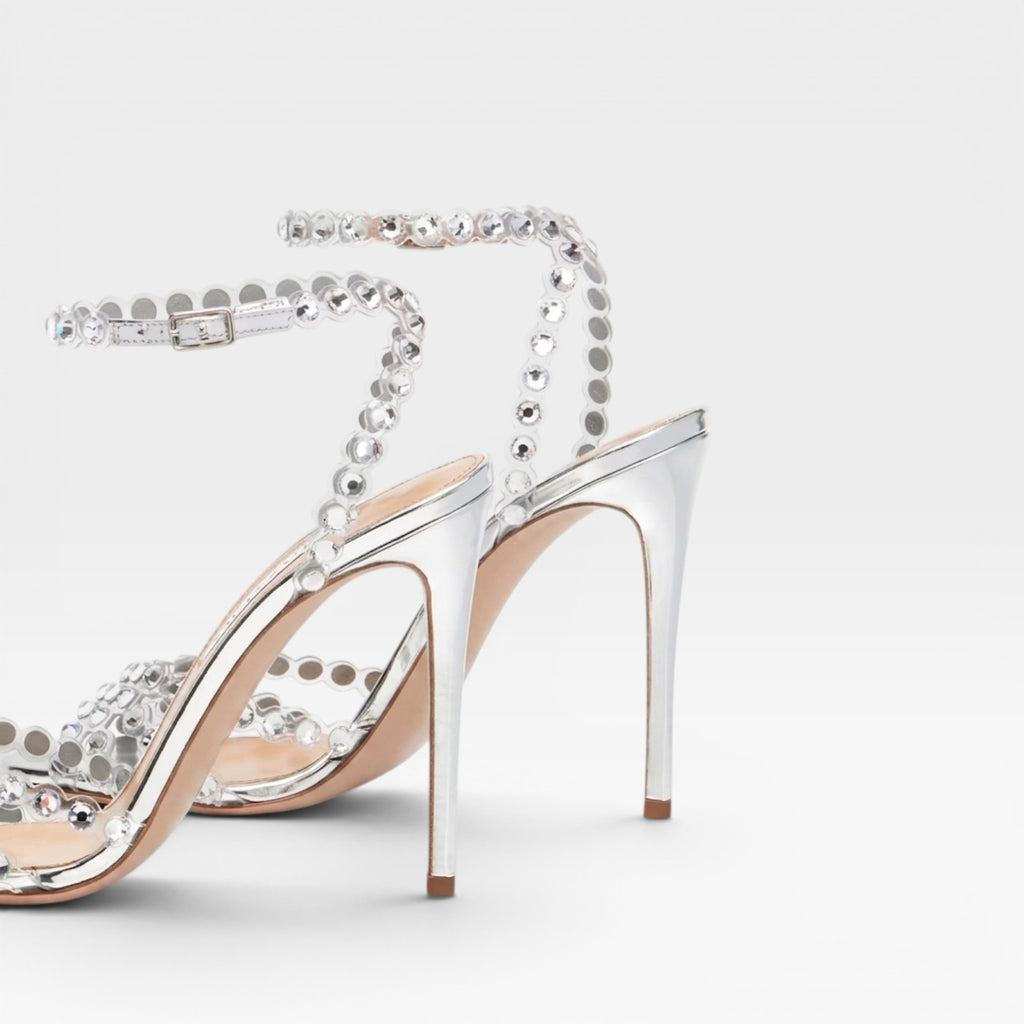 Women's Crystal Jewel Heels – Elegant Metallic Silver Strappy Stiletto for Wedding Guest and Special Occasions