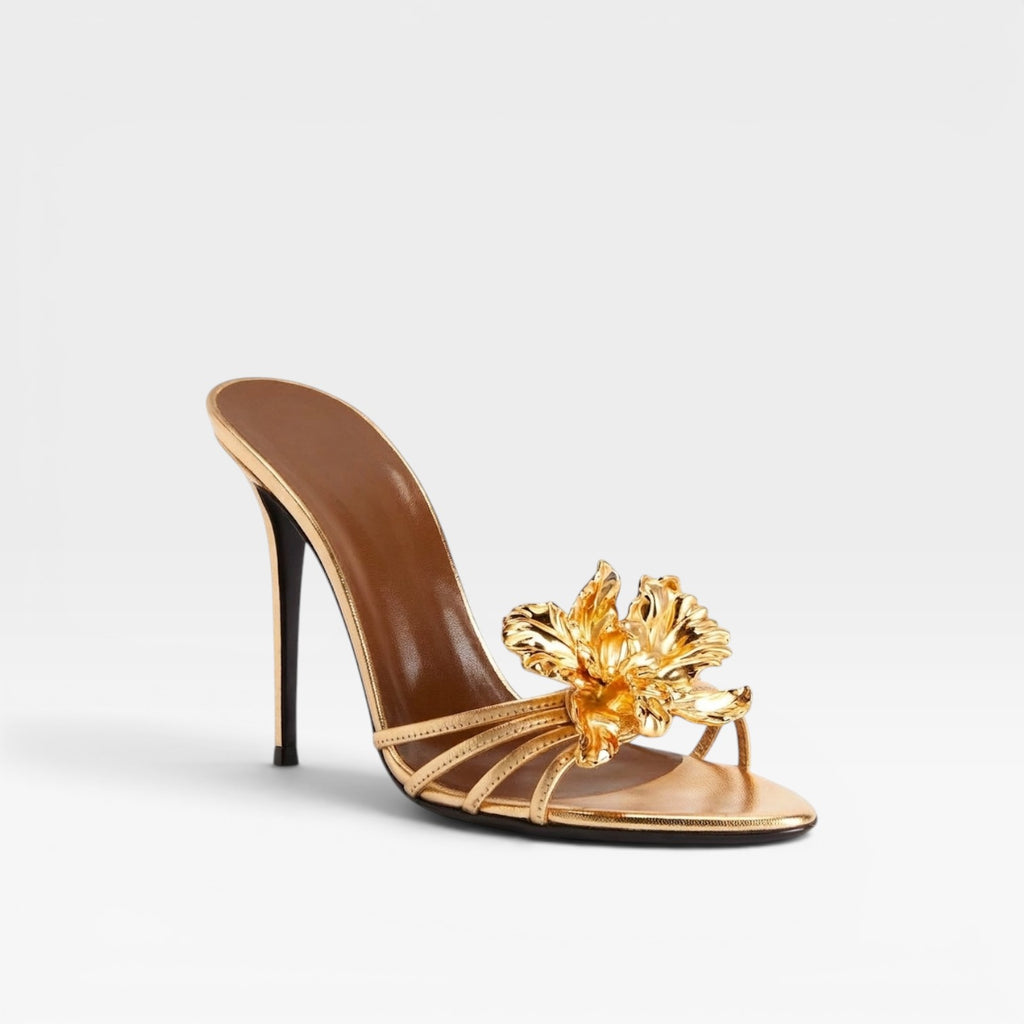 Women's Metallic Gold Flower Heels – Elegant Sculpted Mule Stiletto for Wedding Guest and Special Occasions