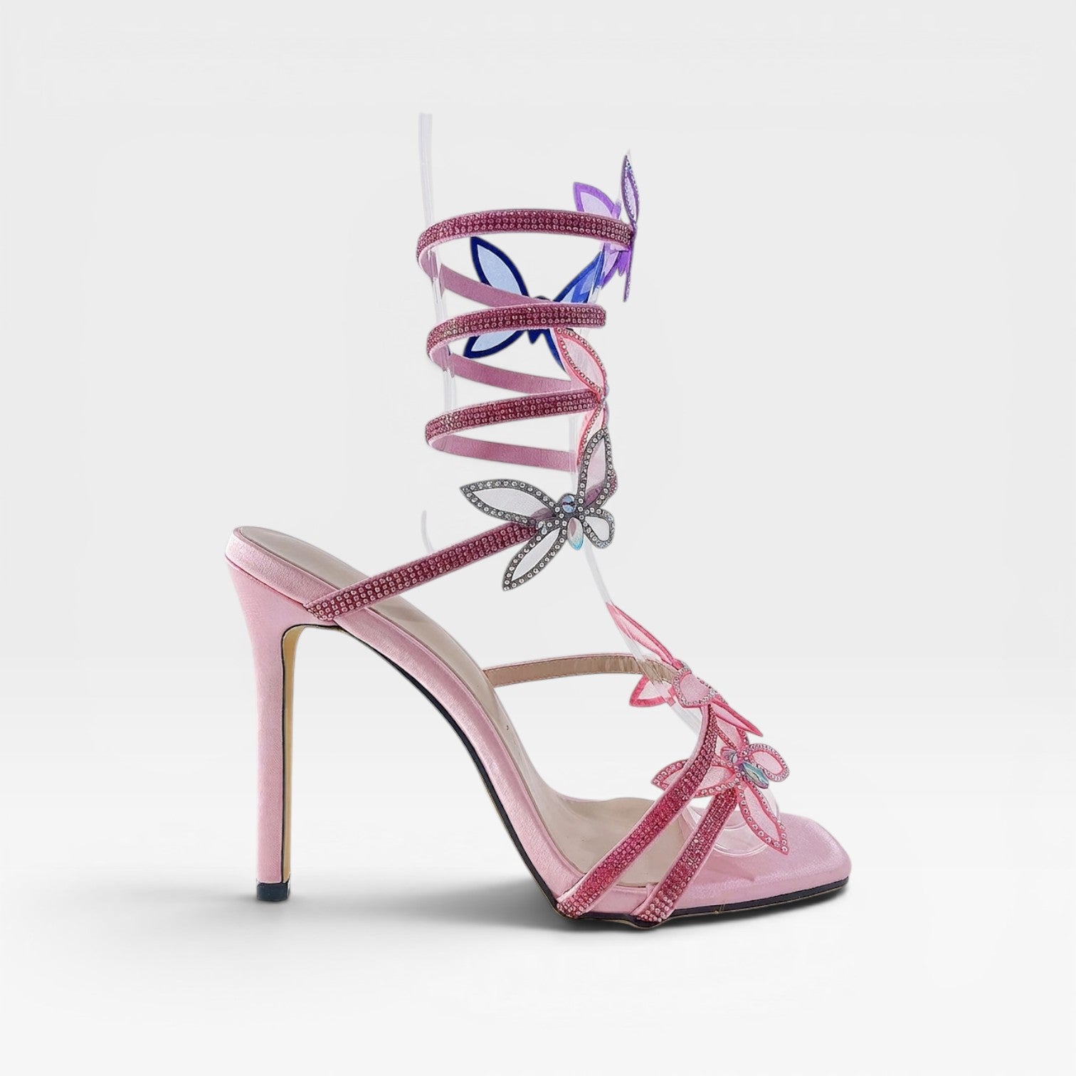 Escarpins papillon en cristal pour femmes – Sandales à talons aiguilles avec lanière spirale à la cheville pour occasions spéciales