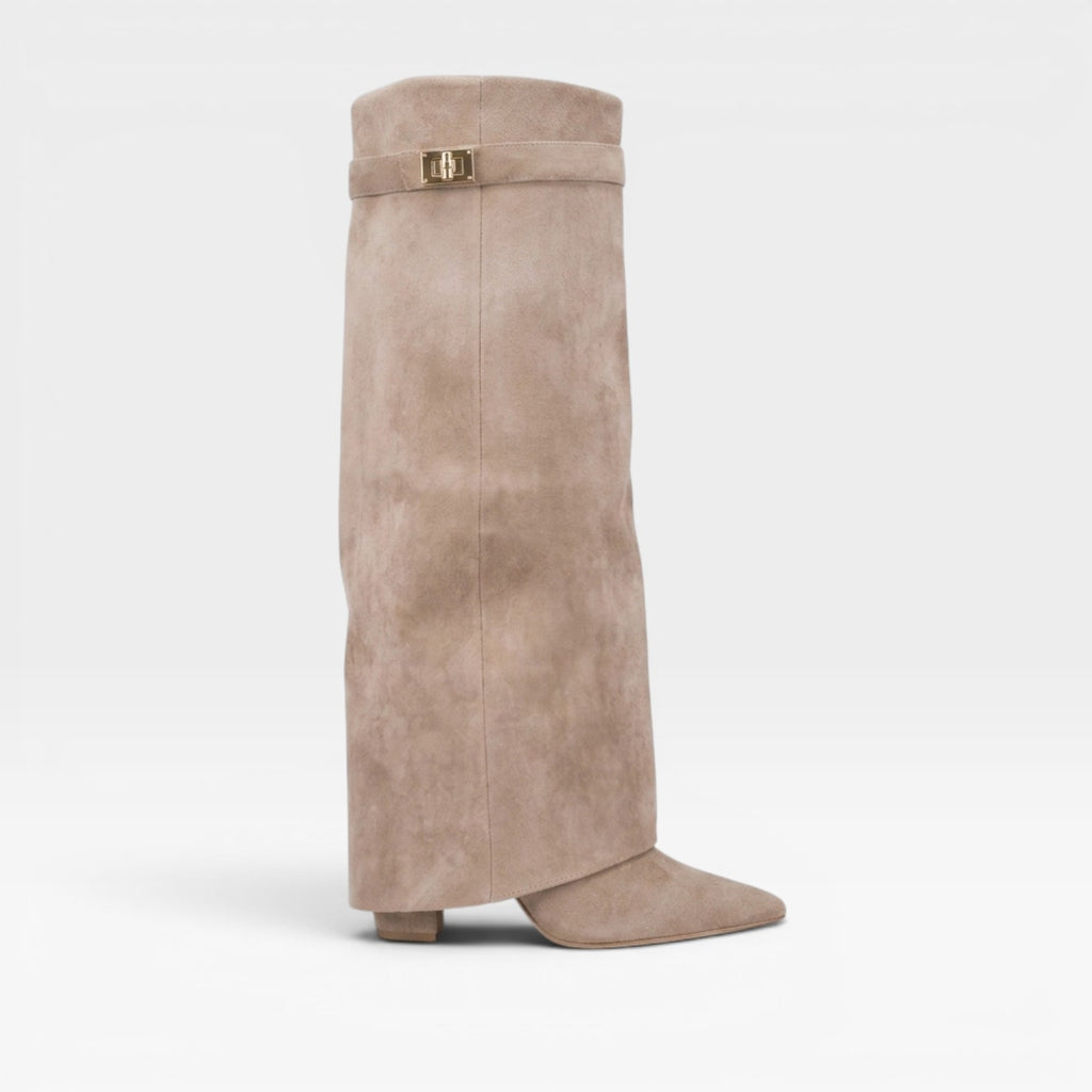 Bottes pantalons repliables pour femmes – Style élégant à bout pointu en daim avec talon bloc montant jusqu’au genou