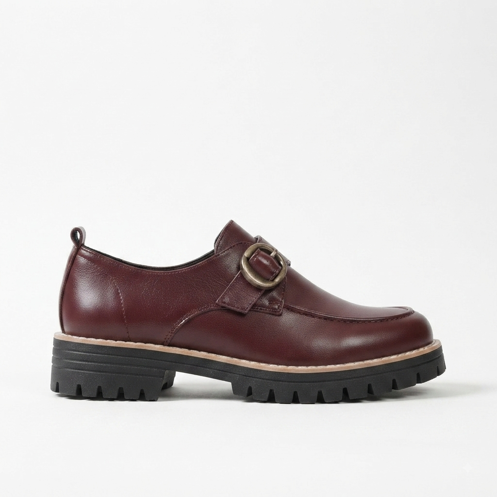 Women's Leather Monk Strap Loafers – Chunky Sole Buckle Shoes