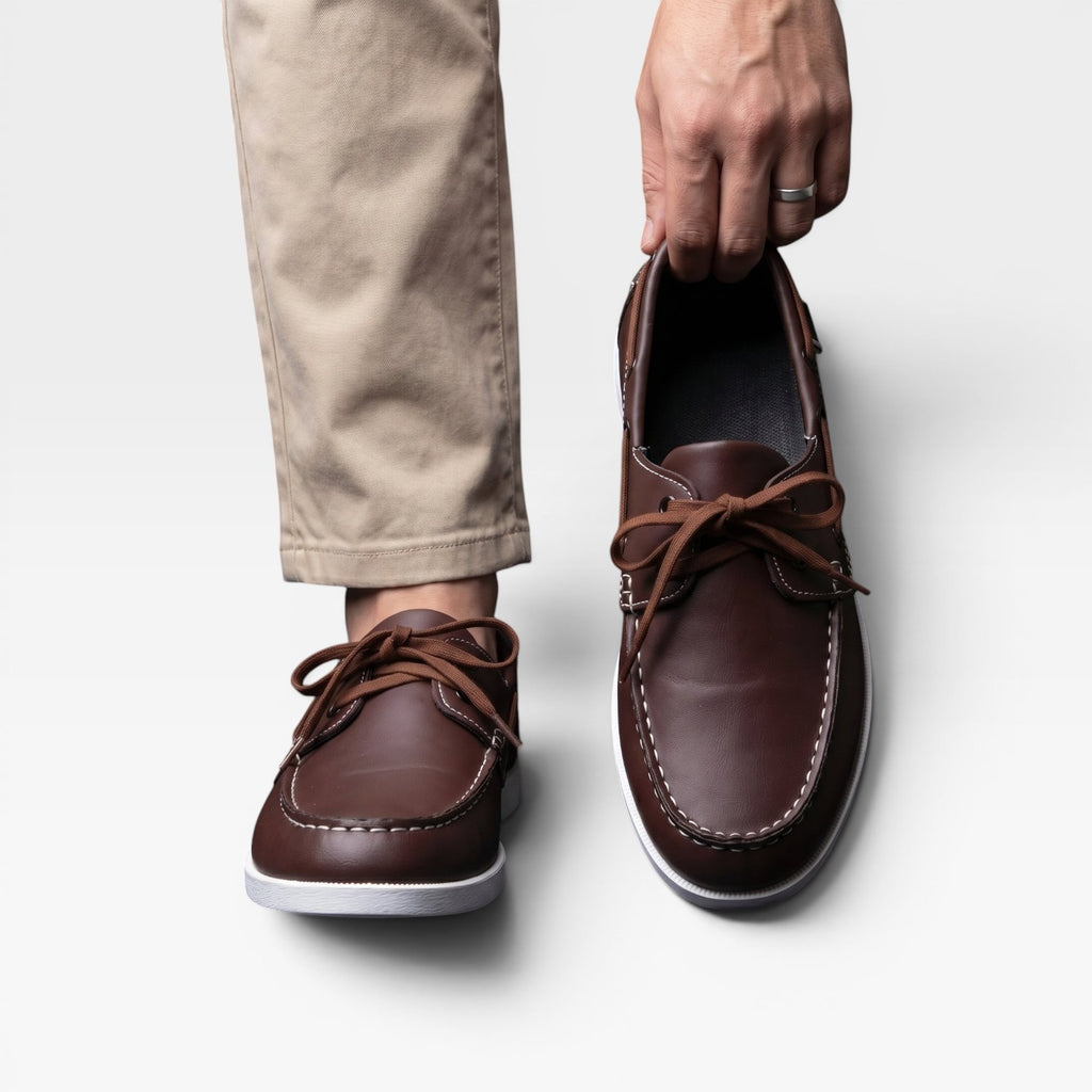 Men's Leather Boat Shoes – Classic Moc Toe Lace Up Deck Shoes
