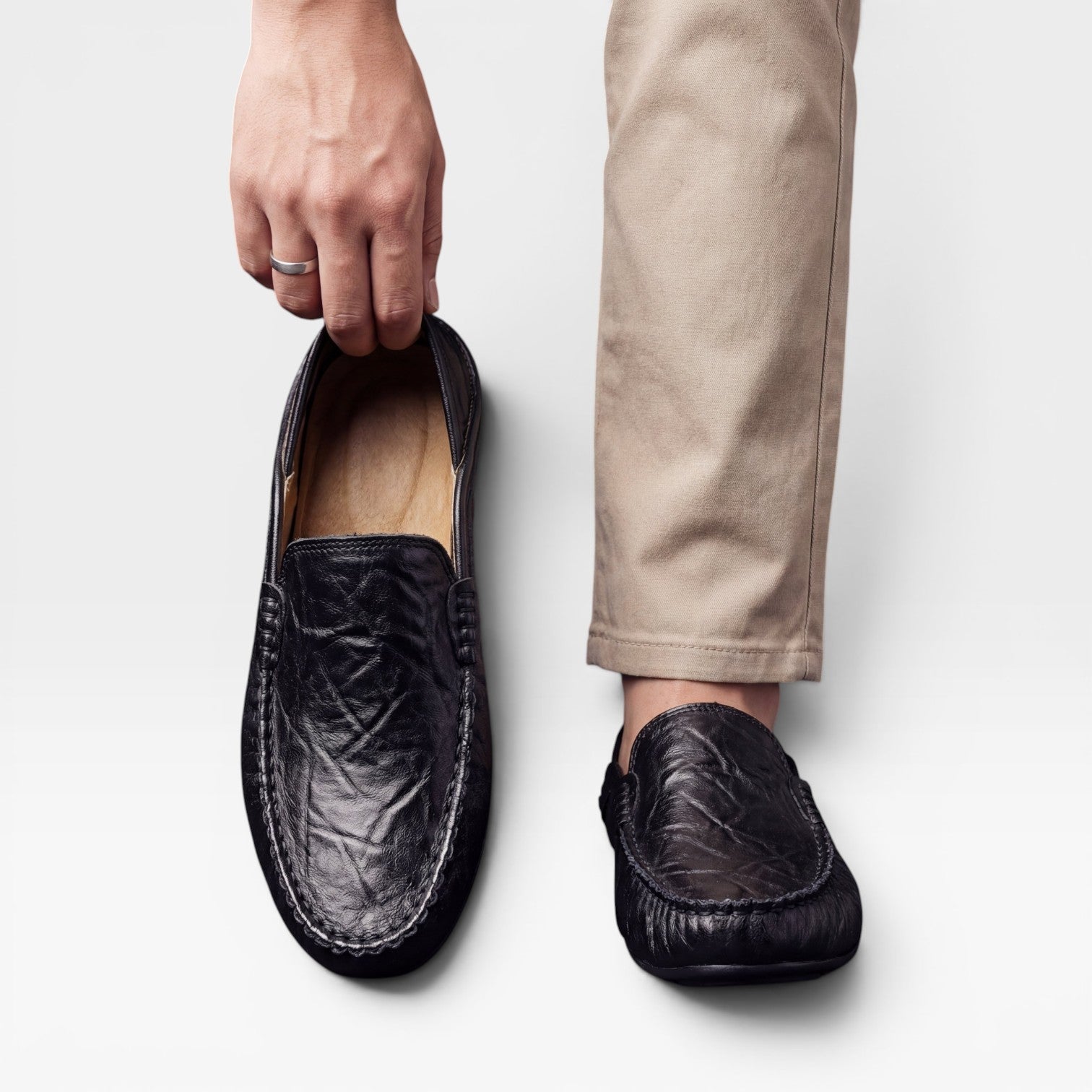 Mocassins en cuir souple pour hommes – Chaussures décontractées à enfiler, cousues main