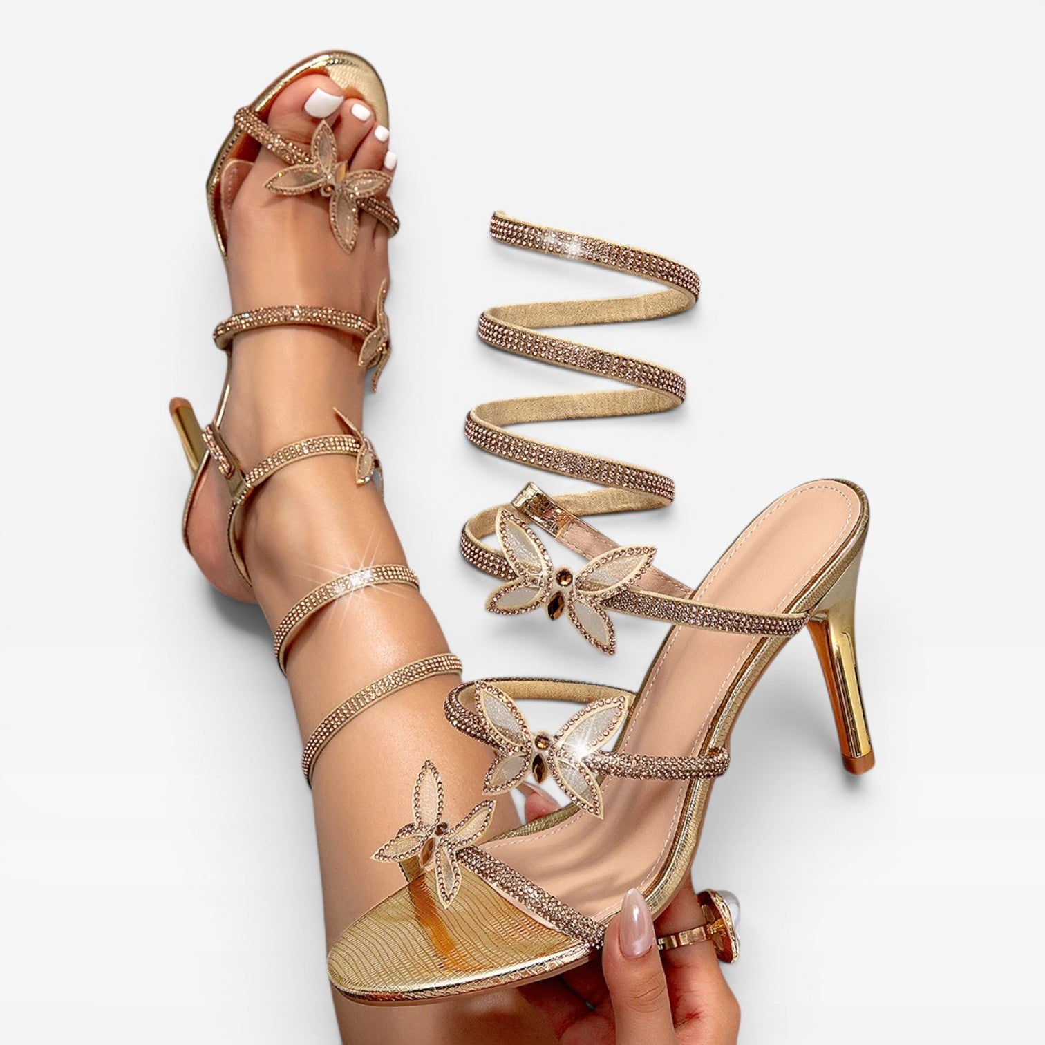 Women's Crystal Butterfly Spiral Heels – Wrap Around Ankle Stiletto Party Sandals