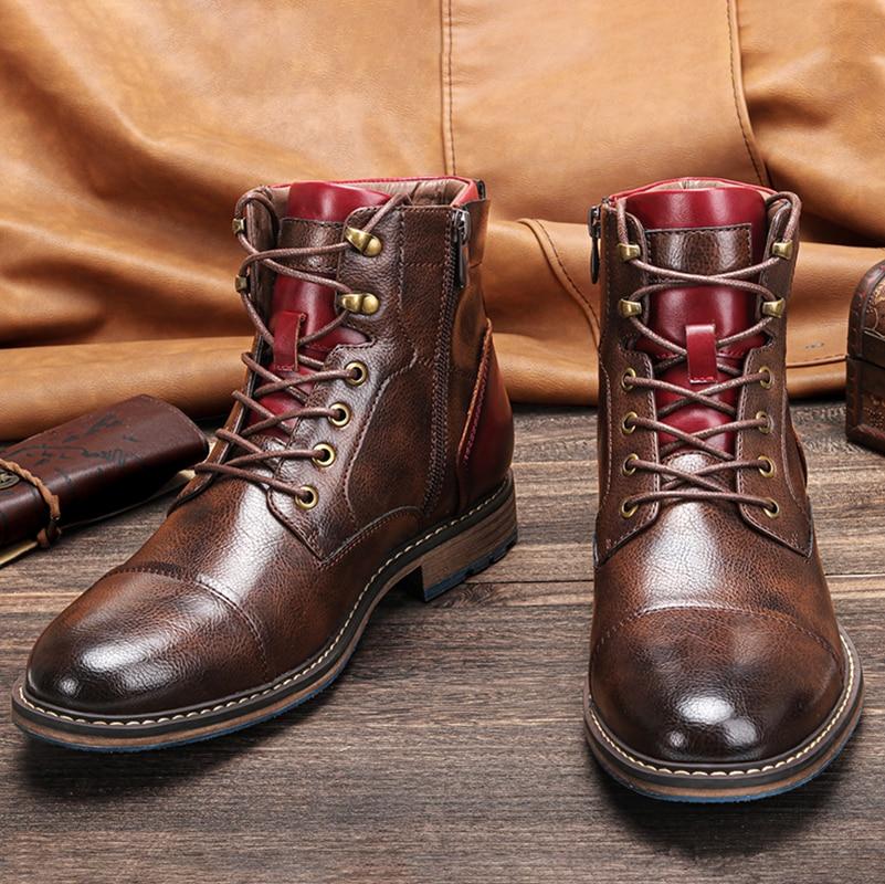 Men's Leather Cap Toe Boots – Contrast Sole Lace Up Ankle Boots