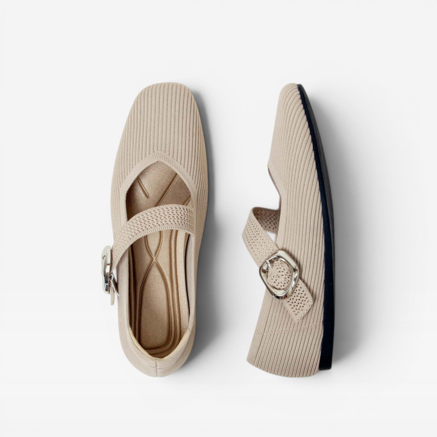 Women's Knit Mary Jane Flats – Square Toe Comfortable Buckle Shoes