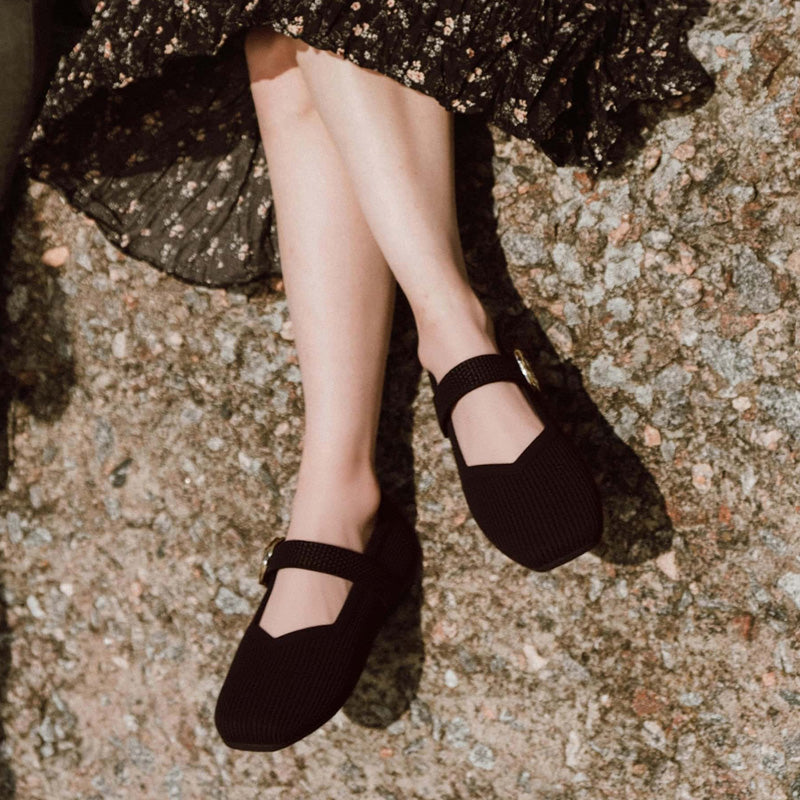 Women's Knit Mary Jane Flats – Square Toe Comfortable Buckle Shoes