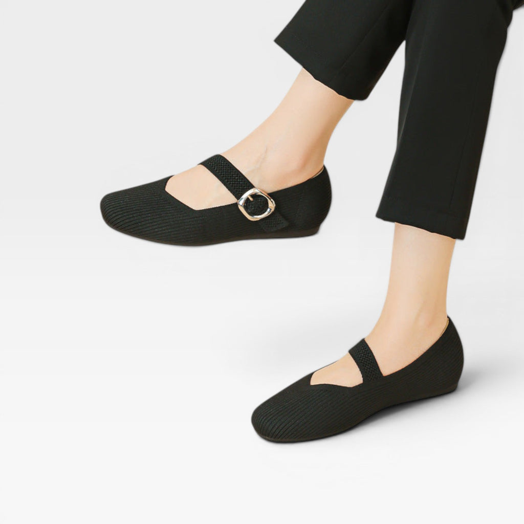 Women's Knit Mary Jane Flats – Square Toe Comfortable Buckle Shoes