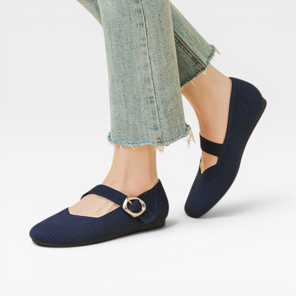 Women's Knit Mary Jane Flats – Square Toe Comfortable Buckle Shoes
