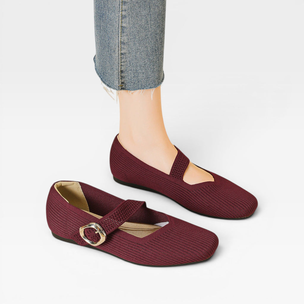 Women's Knit Mary Jane Flats – Square Toe Comfortable Buckle Shoes