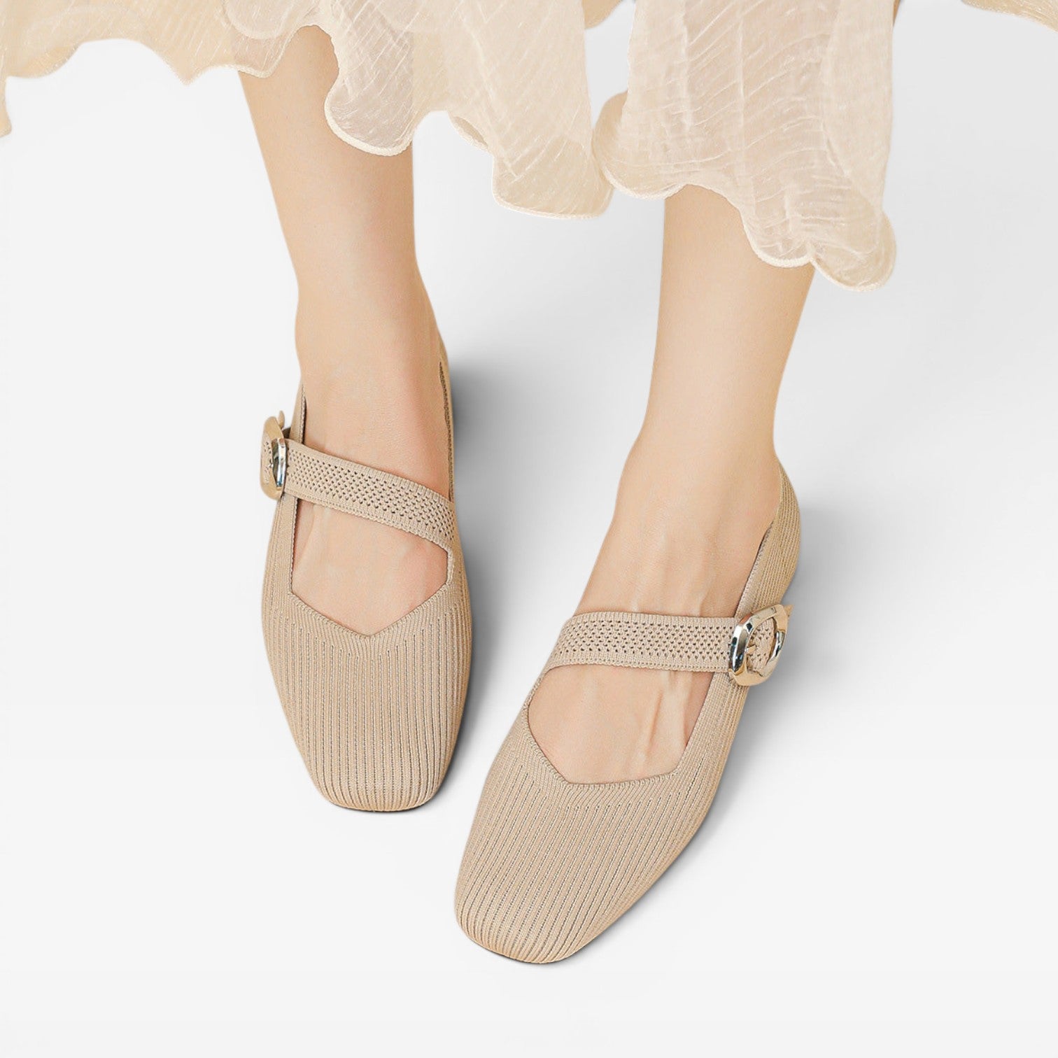 Women's Knit Mary Jane Flats – Square Toe Comfortable Buckle Shoes