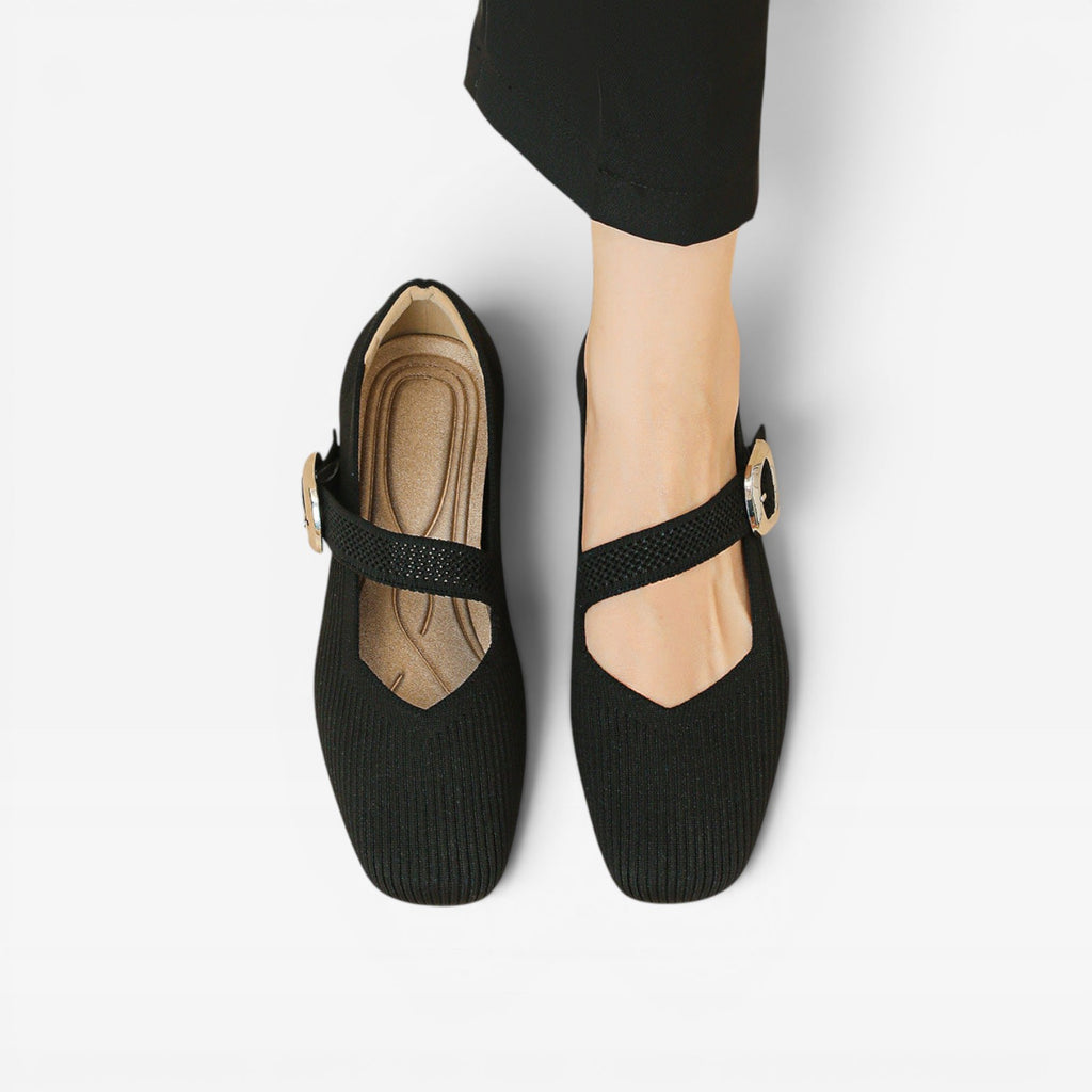 Women's Knit Mary Jane Flats – Square Toe Comfortable Buckle Shoes