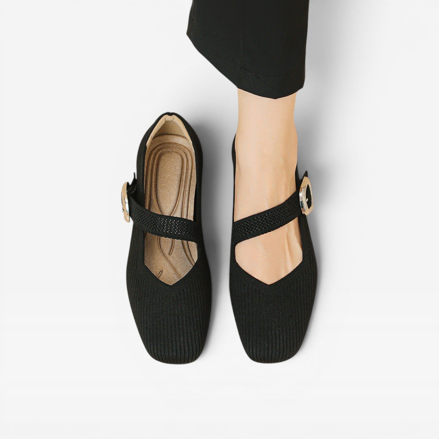 Women's Knit Mary Jane Flats – Square Toe Comfortable Buckle Shoes