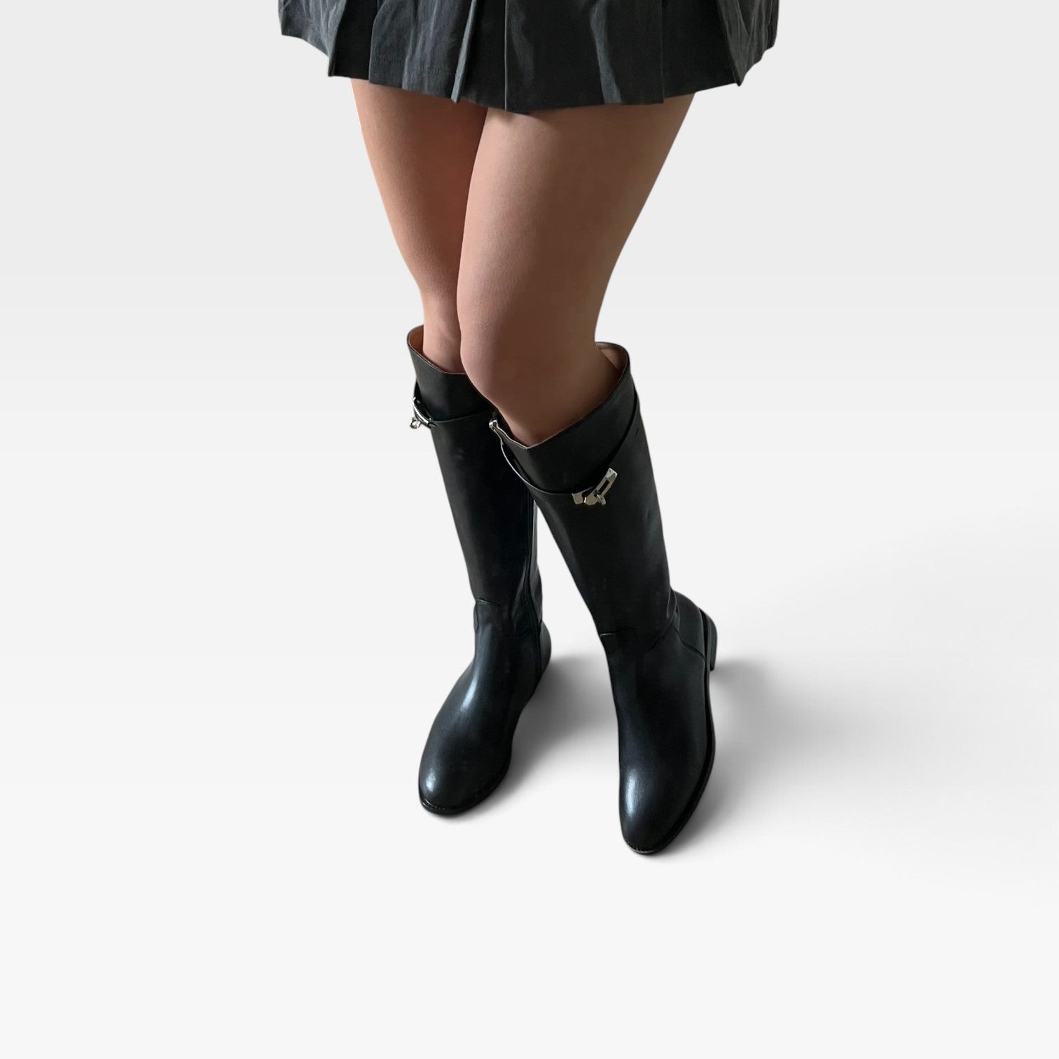 Women's Knee High Leather Boots – Sculptural Buckle Tall Boots