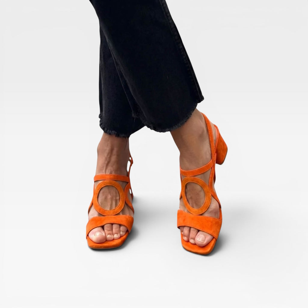 Women's Suede Cutout Sandals – Circle Detail Block Heel Ankle Strap Shoes