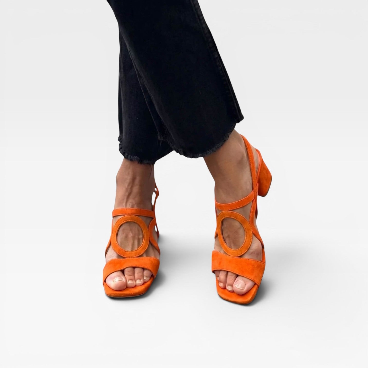 Women's Suede Cutout Sandals – Circle Detail Block Heel Ankle Strap Shoes
