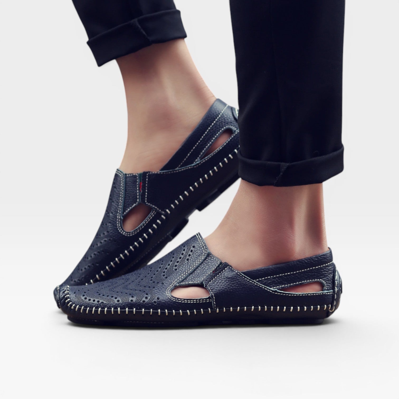 Men's Italian Style Leather Mules – Perforated Slip On Casual Summer Slides