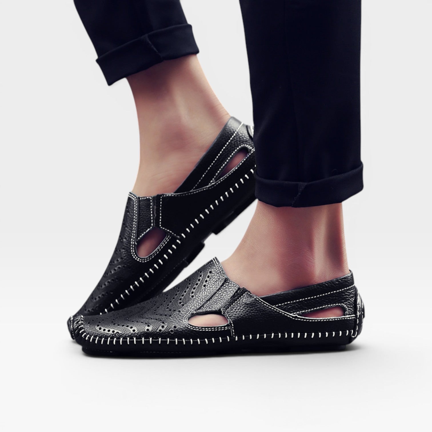 Men's Italian Style Leather Mules – Perforated Slip On Casual Summer Slides