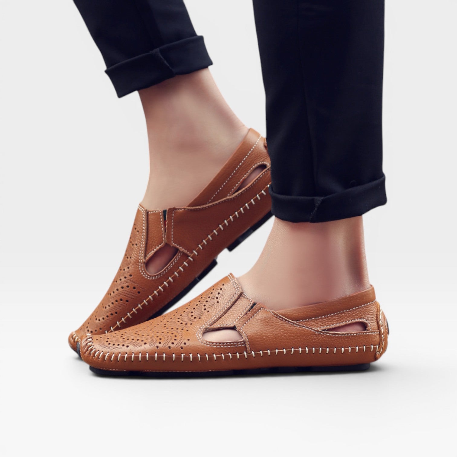 Men's Italian Style Leather Mules – Perforated Slip On Casual Summer Slides
