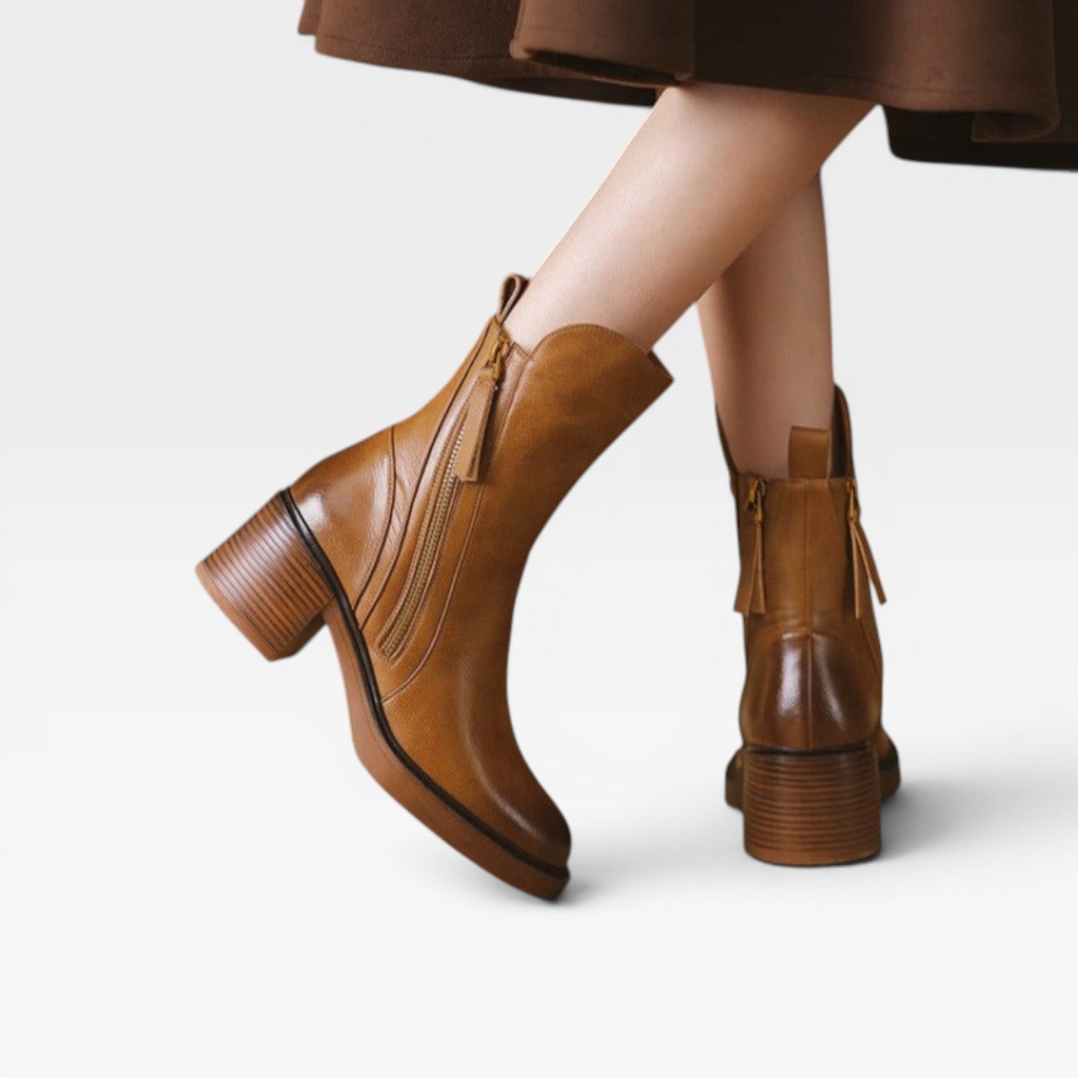 Women's Leather Ankle Boots – Pointed Toe Stacked Heel Zip Up Western Style