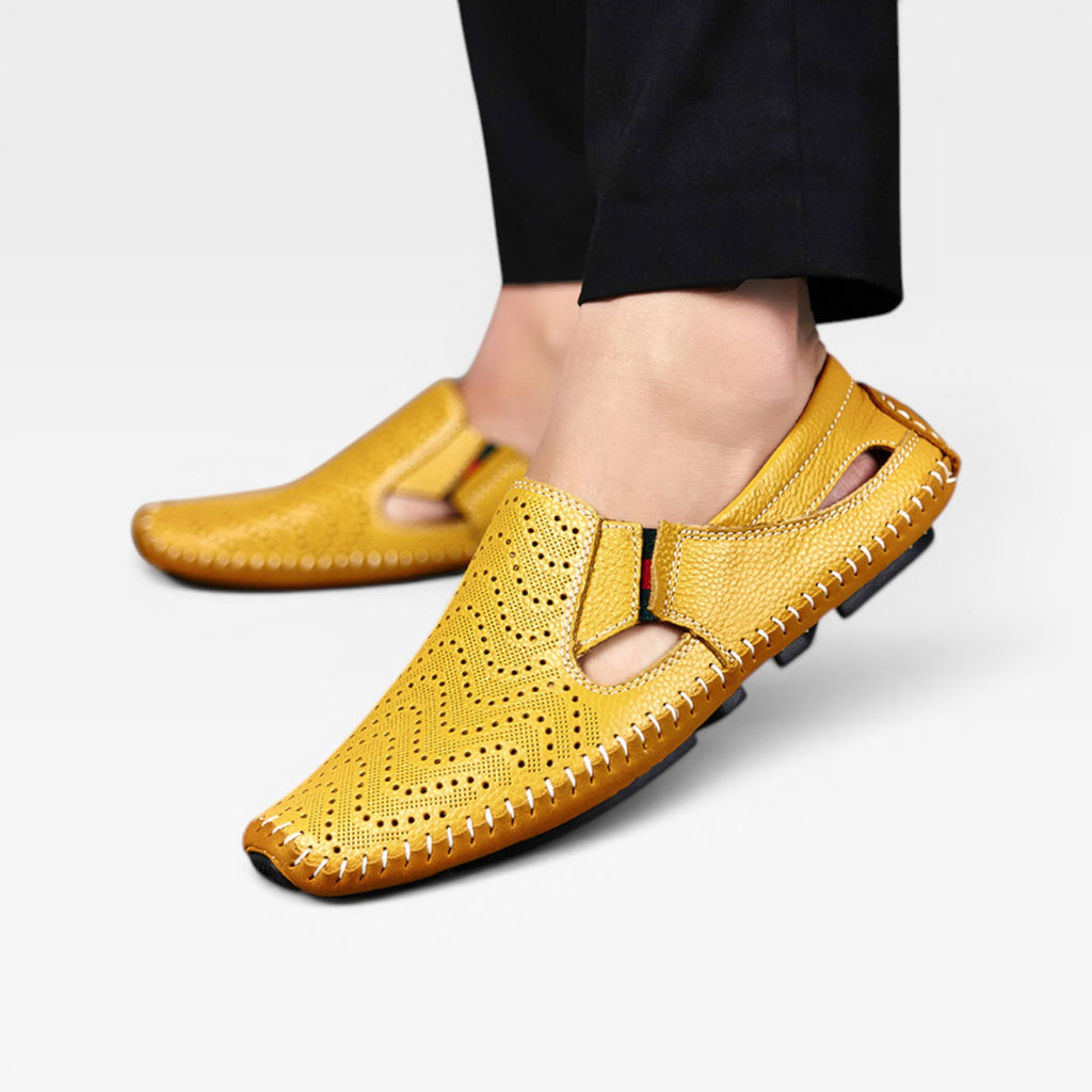 Men's Italian Style Leather Mules – Perforated Slip On Casual Summer Slides