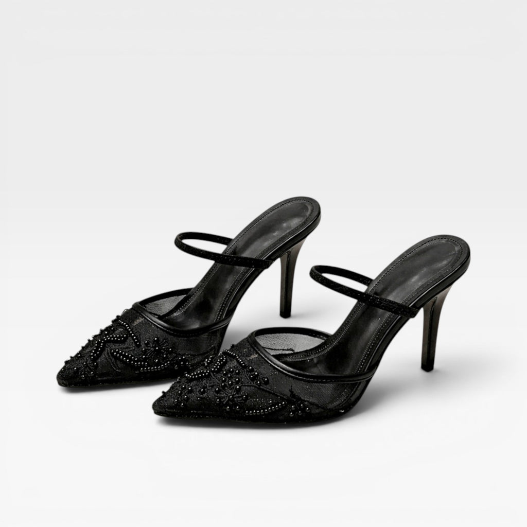 Women's Embroidered Slingback Heels – Floral Mesh Pointed Toe Wedding Shoes