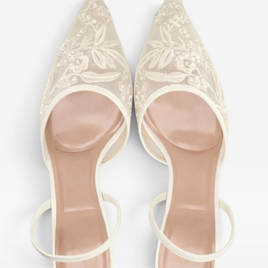 Women's Embroidered Slingback Heels – Floral Mesh Pointed Toe Wedding Shoes