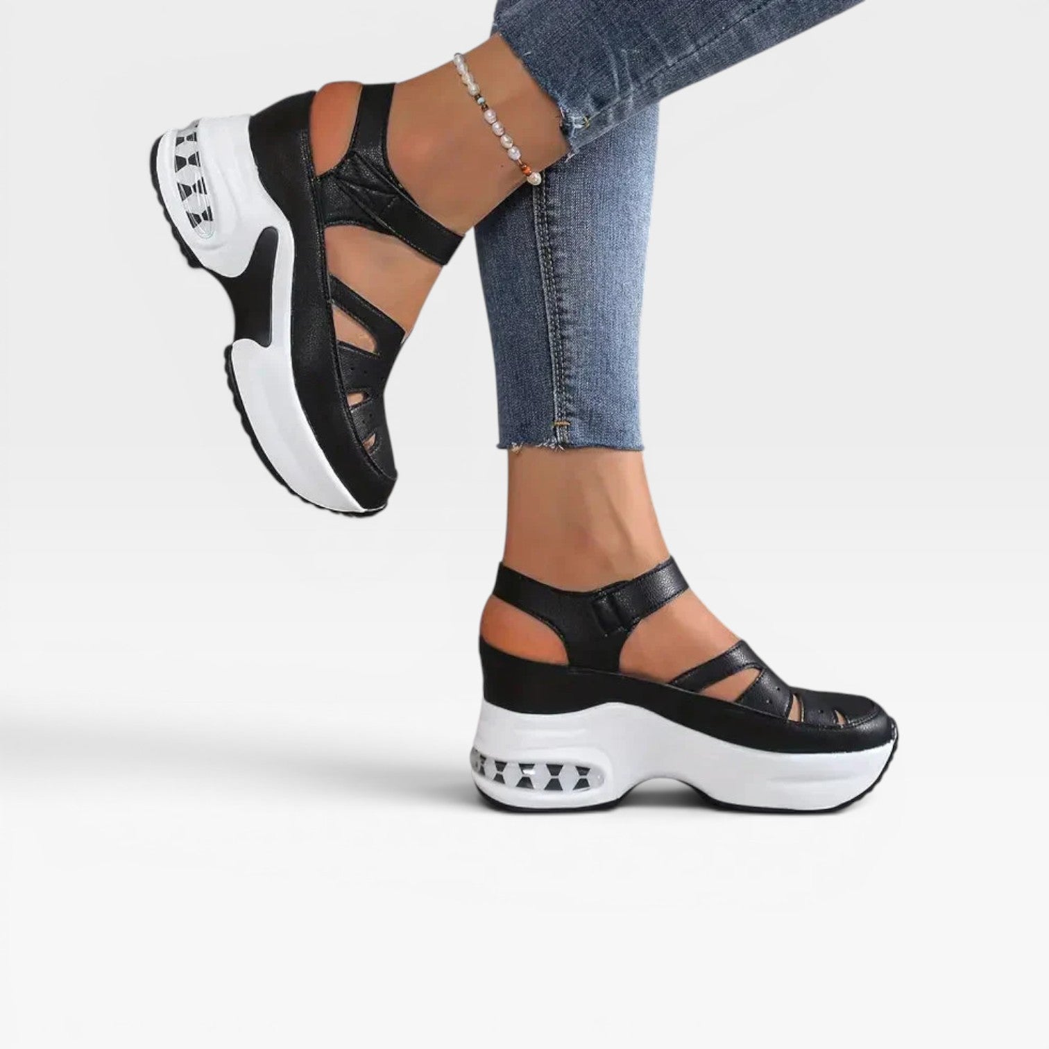 Women's Cushioned Platform Sandals – Breathable Cutout Walking Shoes with Adjustable Strap